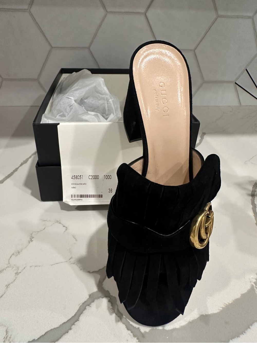 Gucci Black Suede Fringe Mule with Gold Double G Buckle